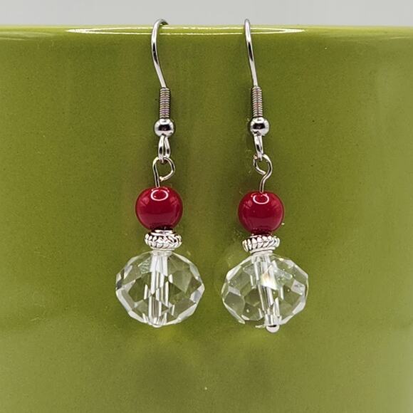 Handmade Earrings with Crystal, Red Coral – 1.5" Dangle - Picture 2 of 6